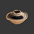 Handmade Ceramic Vessel With Lid Featuring Black Swirl Patterns And Earthenware Texture 3d model