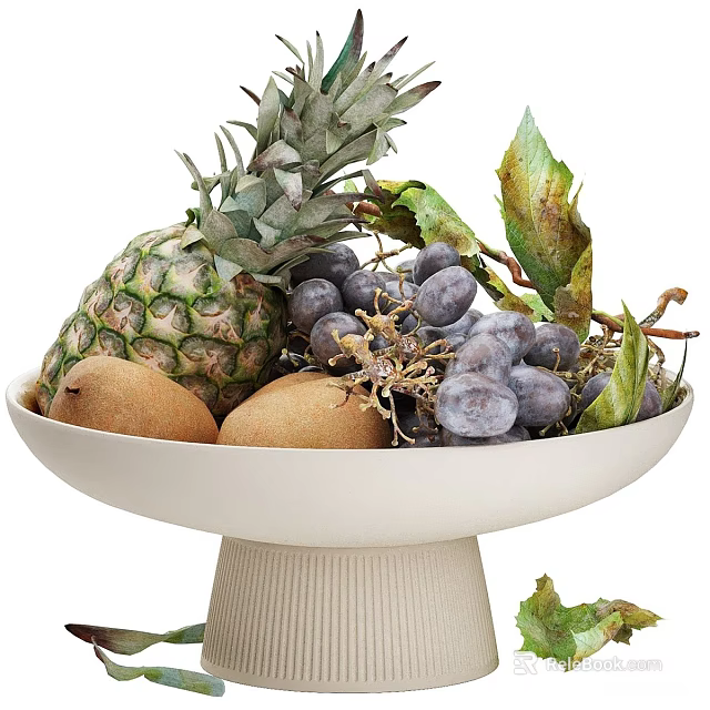 Fresh Assorted Fruits in White Pedestal Bowl with Pineapple Kiwis Grapes and Green Leaves 3d model 