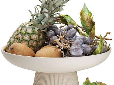 Fresh Assorted Fruits in White Pedestal Bowl with Pineapple Kiwis Grapes and Green Leaves 3d model