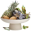 Fresh Assorted Fruits in White Pedestal Bowl with Pineapple Kiwis Grapes and Green Leaves