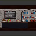 Cafe Display Model Interior With Counter Shelves Menu Board Coffee Cups And Brick Wall