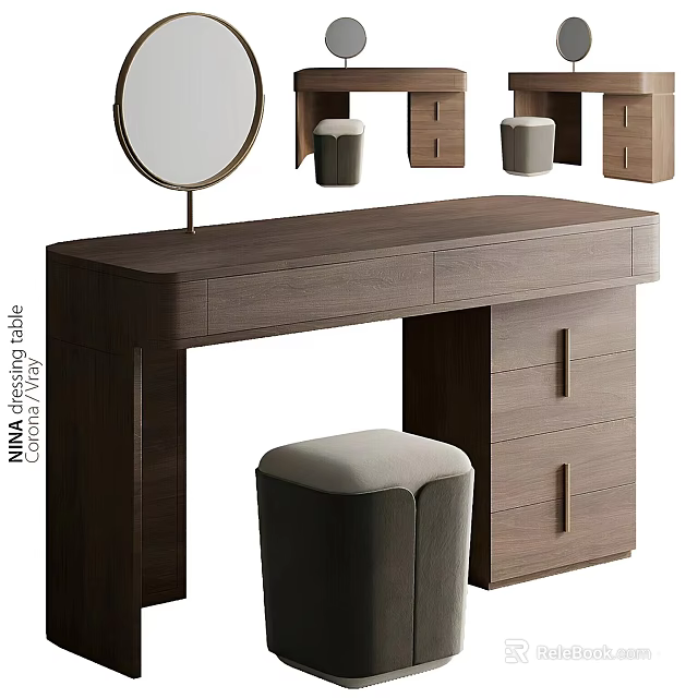 Modern Wooden Dressing Table Design With Round Mirror Drawers And Upholstered Stool 3d model 