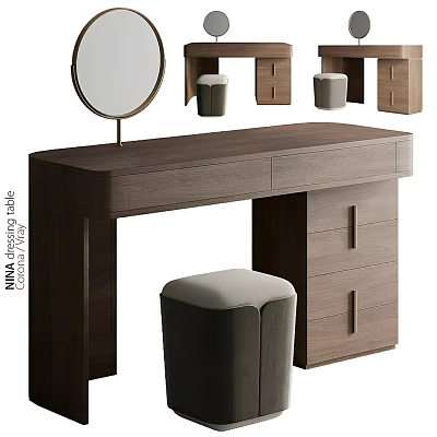 Modern Wooden Dressing Table Design With Round Mirror Drawers And Upholstered Stool 3d model