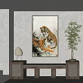 Traditional Chinese Animal Painting With Two Tigers Bamboo Plant And Interior Wall Decor