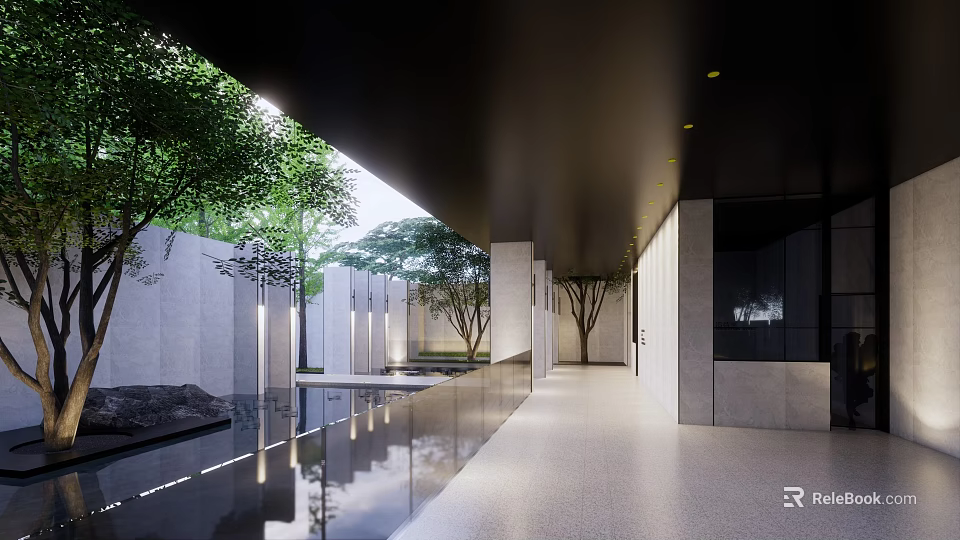 Modern Landscape Wall Design With Water Pool Green Trees And Lighting 3d model 