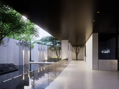 Modern Landscape Wall Design With Water Pool Green Trees And Lighting 3d model