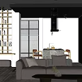 Modern Living Dining Room Interior With Sofa Bookshelf Large Window Pendant Light And Coffee Table