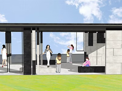 Modern Open Air Building Space With People Gathered Green Lawn And Blue Sky 3d model