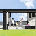 Modern Open Air Building Space With People Gathered Green Lawn And Blue Sky