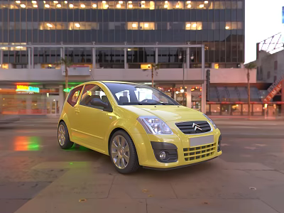 Yellow Citroen Hatchback Parked On City Street With Modern Tall Buildings And Neon Lights 3d model