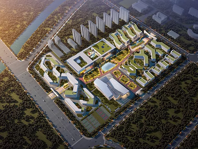 Aerial View Urban Planning With Modern High Rises Green Roofs Central Plaza Riverfront And Greenery 3d model