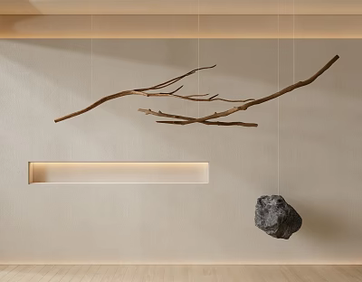 Natural Branch Shaped Hanging Decor With Black Stone Ornament On Minimalist Wall 3d model
