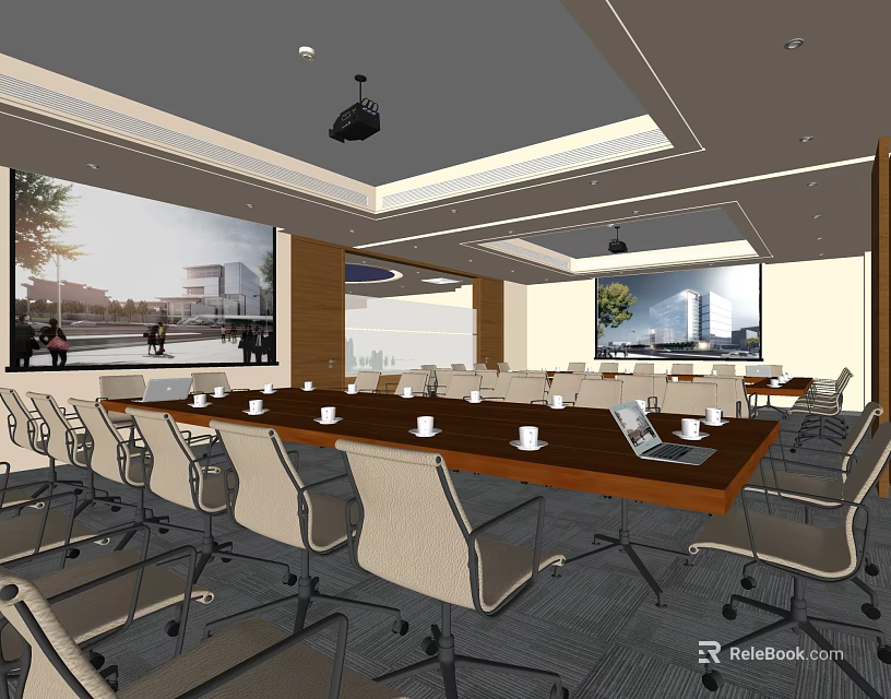 Modern Conference Room Interior With Long Wooden Table Projector And Large Screens 3d model 