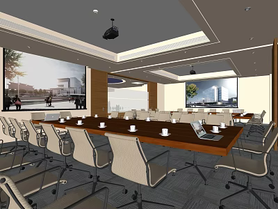 Modern Conference Room Interior With Long Wooden Table Projector And Large Screens 3d model