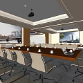 Modern Conference Room Interior With Long Wooden Table Projector And Large Screens
