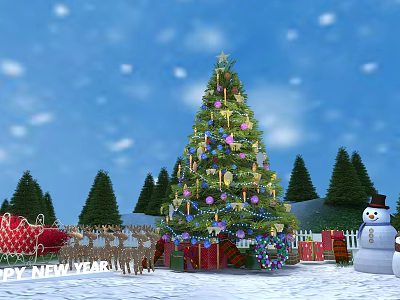 Cartoon Christmas Scene With Decorated Tree Gifts Snow Snowman Reindeer Sleigh And Pine Trees 3d model