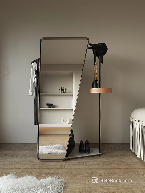 Modern Floor Mirror Reflecting Room Interior With Shelf Decorations Hanging Clothes And Black Shoes 3d model 