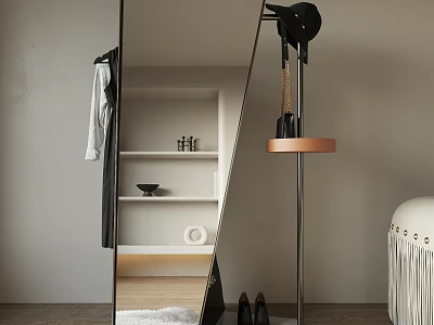 Modern Floor Mirror Reflecting Room Interior With Shelf Decorations Hanging Clothes And Black Shoes 3d model