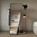 Modern Floor Mirror Reflecting Room Interior With Shelf Decorations Hanging Clothes And Black Shoes