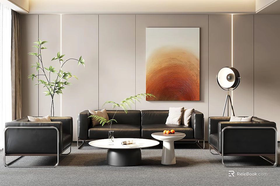Modern Leather Sofa And Coffee Table Set With Abstract Painting Floor Lamp And Green Plant 3d model 