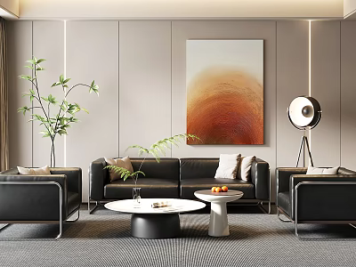 Modern Leather Sofa And Coffee Table Set With Abstract Painting Floor Lamp And Green Plant 3d model
