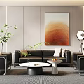 Modern Leather Sofa And Coffee Table Set With Abstract Painting Floor Lamp And Green Plant