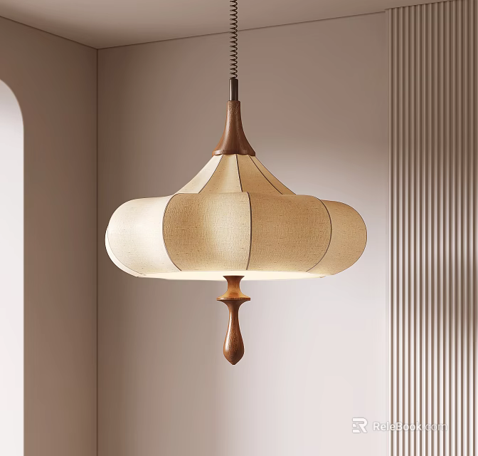 Minimalist Natural Wooden Pendant Light with Beige Fabric Shade and Simple Design 3d model 