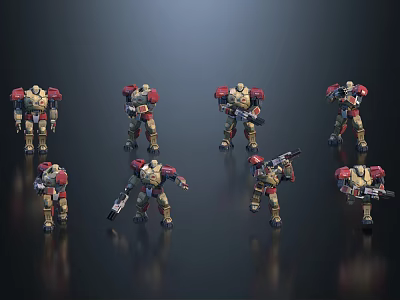 Game Movie Robot Characters In Red Yellow Gold With Various Poses Holding Weapons 3d model