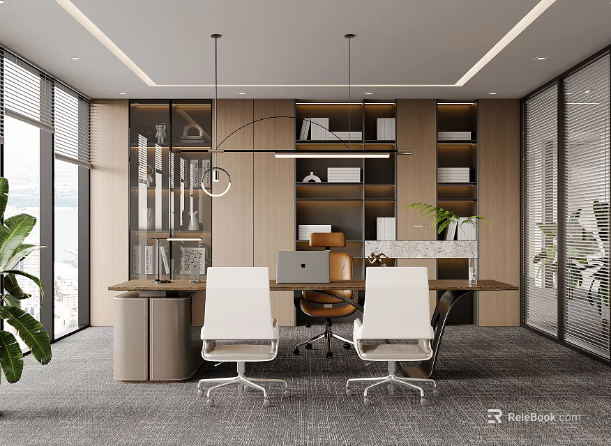 Modern Office Interior With Wooden Bookshelves Glass Partitions White Chairs And Potted Plants 3d model 