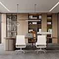 Modern Office Interior With Wooden Bookshelves Glass Partitions White Chairs And Potted Plants