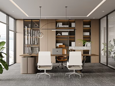 Modern Office Interior With Wooden Bookshelves Glass Partitions White Chairs And Potted Plants 3d model