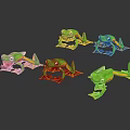 Cartoon Green Frogs With Yellow Bellies In Different Poses On Black Background 3d model