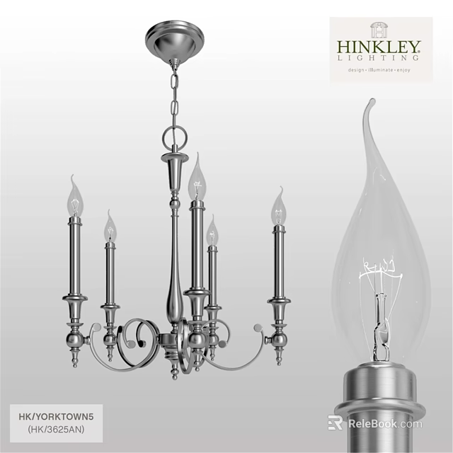 Classic Metal Chandelier With Five Arms And Transparent Bulb Lighting Fixture 3d model 