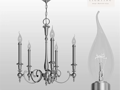 Classic Metal Chandelier With Five Arms And Transparent Bulb Lighting Fixture 3d model