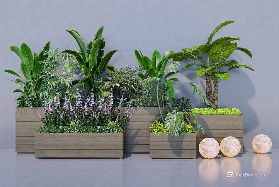 Decorative Wooden Flower Planters Featuring Lush Green Foliage Purple Blooms And Round Accents 3d model 