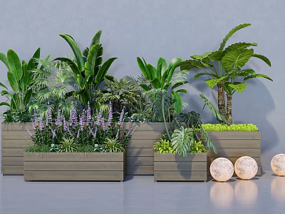 Decorative Wooden Flower Planters Featuring Lush Green Foliage Purple Blooms And Round Accents 3d model
