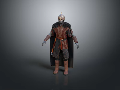 Medieval Fantasy Warrior Man in Decorative Dark Armor with Red Trim Long Cloak and Helmet 3d model
