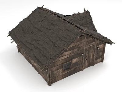 Traditional Wooden House with Thatched Roof Small Windows and Rustic Structure 3d model