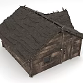 Traditional Wooden House with Thatched Roof Small Windows and Rustic Structure