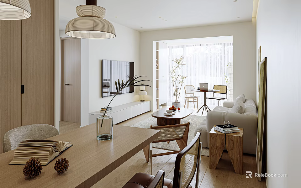 Modern Dining and Living Room Interior With Wooden Table Sofa Plant and Natural Light 3d model 