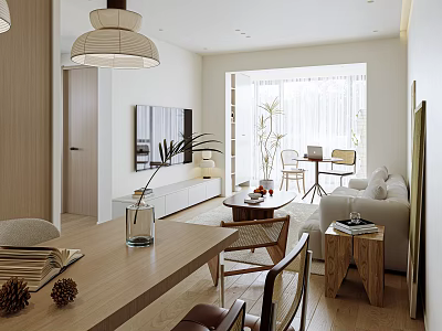 Modern Dining and Living Room Interior With Wooden Table Sofa Plant and Natural Light 3d model