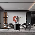Elegant Modern Restaurant Interior With Dining Table Chairs Artwork Pendant Light And Foliage