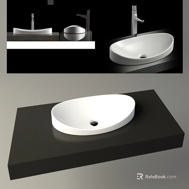 White Contemporary Countertop Washbasin On Black Bathroom Countertop Multiple Angles View 3d model 