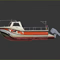 Small Recreational Motor Boat With White Hull Red Stripe Open Cockpit Railing And Outboard Motor