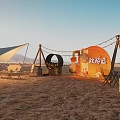 Autumn Travel Diary Outdoor Site With Orange Tent Structure Canopy Tables And Chairs Rope Frame