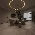 Modern Living and Dining Room With Purple Sofa Circular Rug And Floor to Ceiling Windows