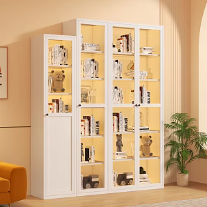 Wrought Iron Bookcase Floor-standing Wall-leaning Household Children's Living Room Simple Glass Door Dustproof Short Steel Bookshelf 3d model
