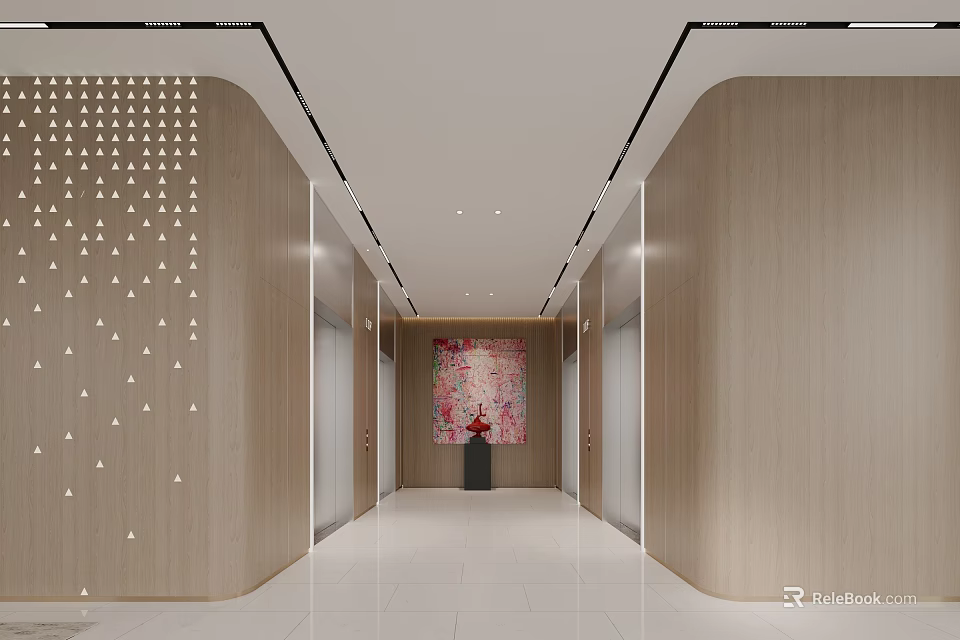 Modern Elevator Lobby Design With Wooden Walls Artwork And Recessed Lighting 3d model 