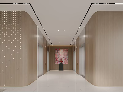 Modern Elevator Lobby Design With Wooden Walls Artwork And Recessed Lighting 3d model