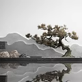 Garden Ornament Featuring Bonsai Pine Tree With Mountain Backdrop And Water Reflection